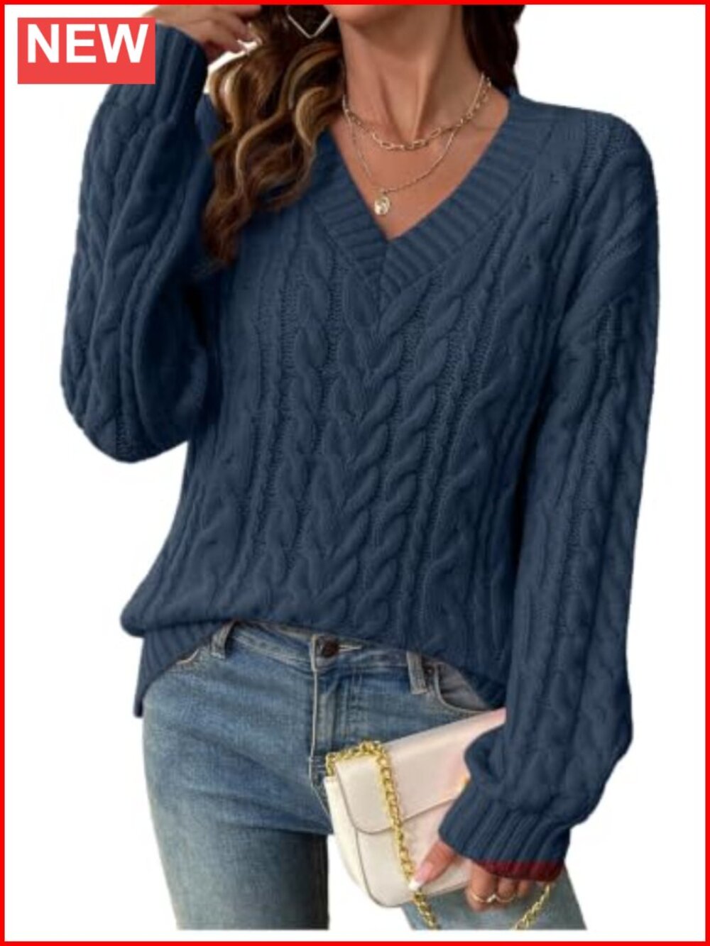 Womens Cable Knit V Neck Oversized Sweater Pullover Fall Winter
